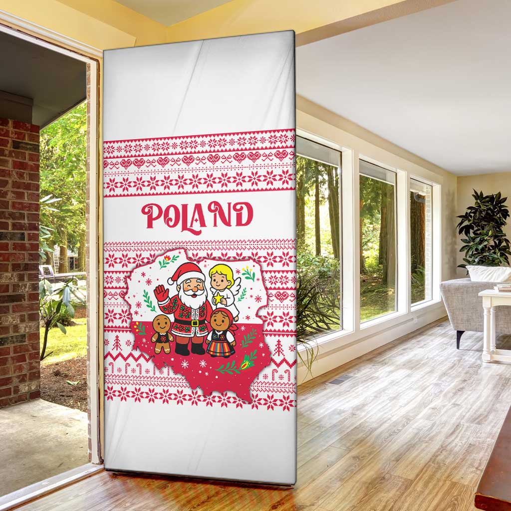 Poland Christmas Door Cover with Santa Children Gingerbread Map Outline and Red Snowflake Knit Pattern Design - Wonder Print Shop