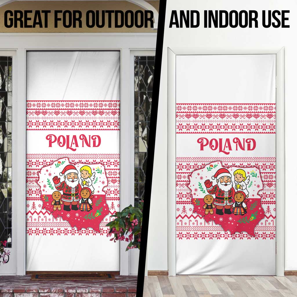 Poland Christmas Door Cover with Santa Children Gingerbread Map Outline and Red Snowflake Knit Pattern Design - Wonder Print Shop