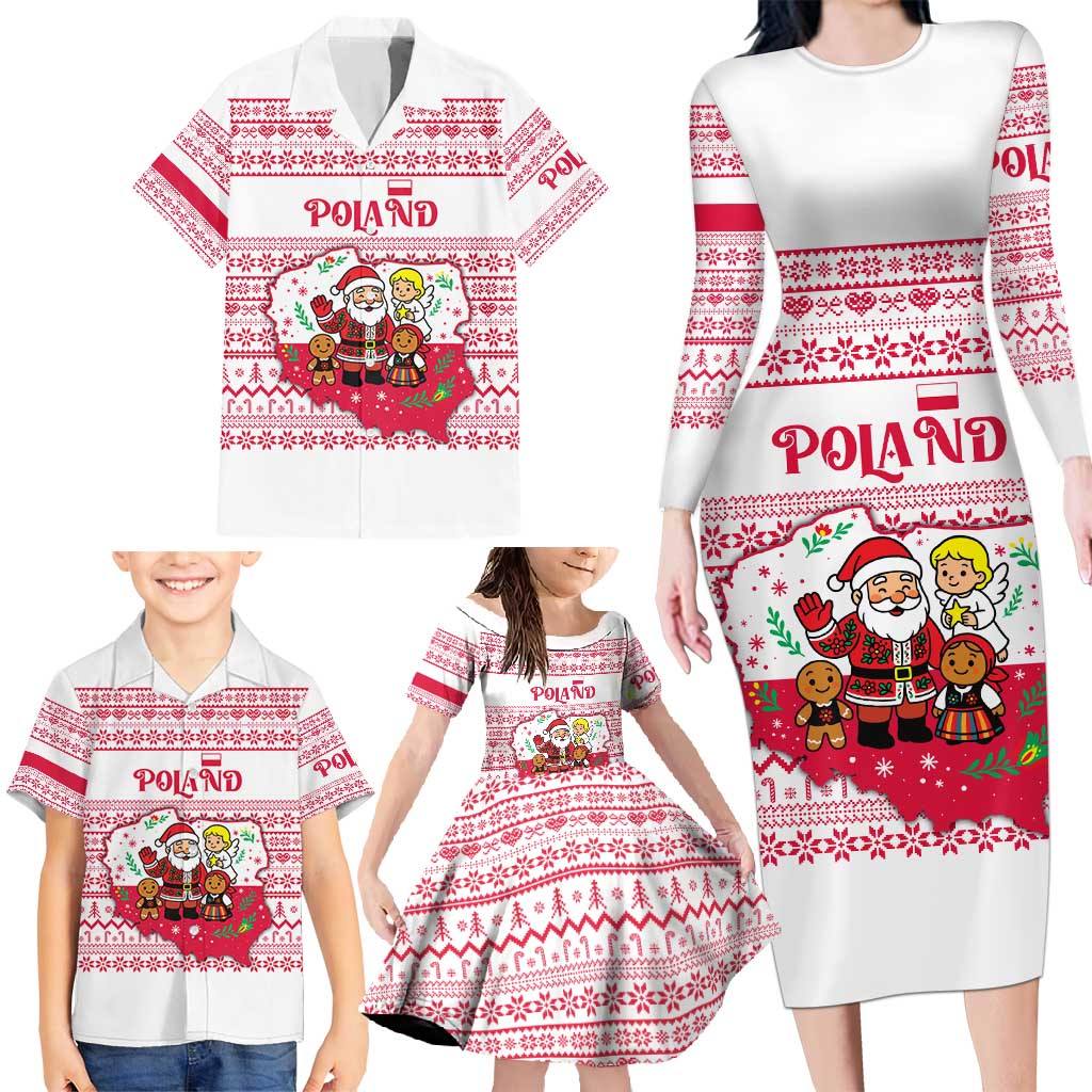 Poland Christmas Family Matching Long Sleeve Bodycon Dress and Hawaiian Shirt with Santa Children Gingerbread Map Outline and Red Snowflake Knit Pattern Design - Wonder Print Shop
