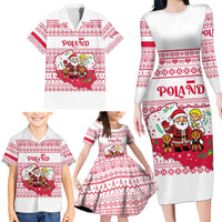 Poland Christmas Family Matching Long Sleeve Bodycon Dress and Hawaiian Shirt with Santa Children Gingerbread Map Outline and Red Snowflake Knit Pattern Design - Wonder Print Shop