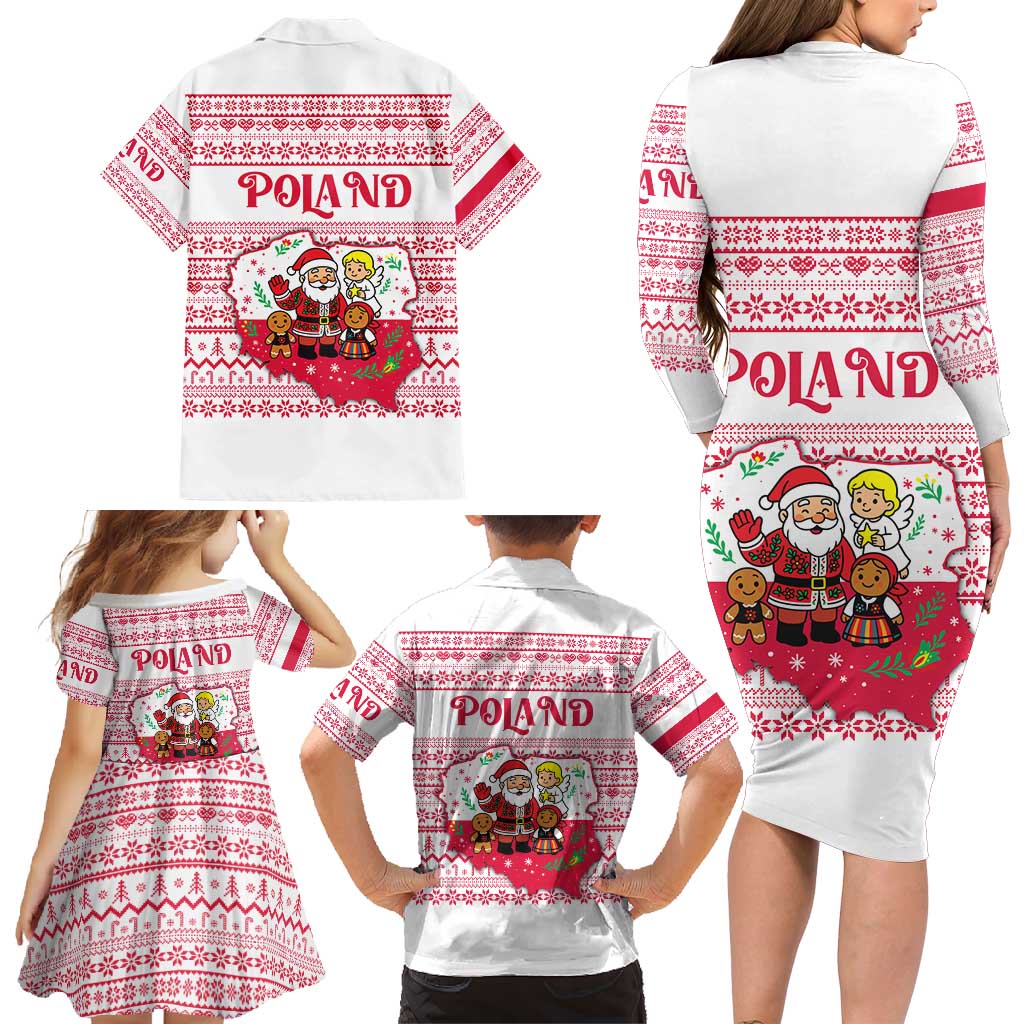 Poland Christmas Family Matching Long Sleeve Bodycon Dress and Hawaiian Shirt with Santa Children Gingerbread Map Outline and Red Snowflake Knit Pattern Design - Wonder Print Shop