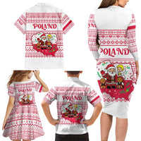 Poland Christmas Family Matching Long Sleeve Bodycon Dress and Hawaiian Shirt with Santa Children Gingerbread Map Outline and Red Snowflake Knit Pattern Design - Wonder Print Shop