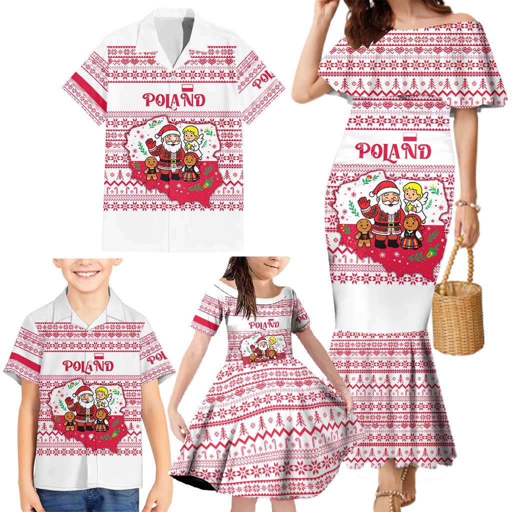 Poland Christmas Family Matching Mermaid Dress and Hawaiian Shirt with Santa Children Gingerbread Map Outline and Red Snowflake Knit Pattern Design - Wonder Print Shop