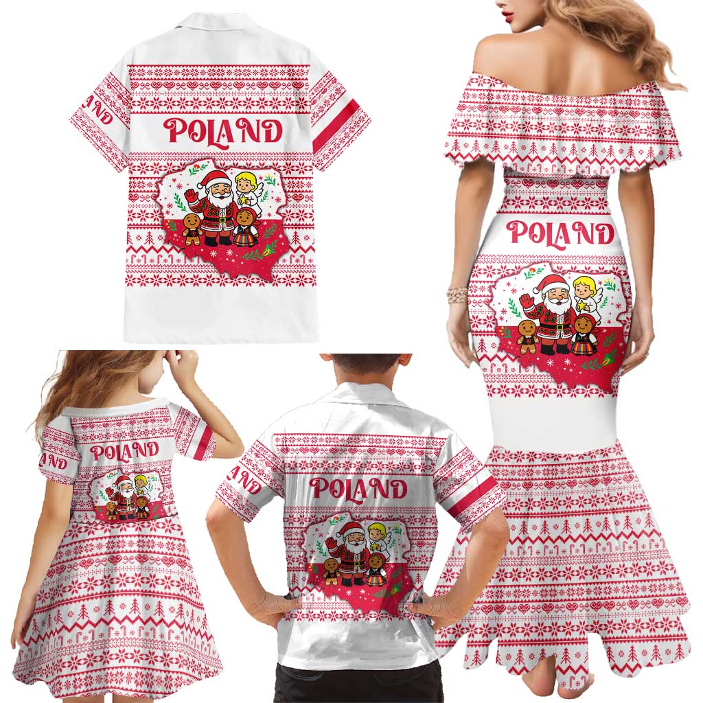 Poland Christmas Family Matching Mermaid Dress and Hawaiian Shirt with Santa Children Gingerbread Map Outline and Red Snowflake Knit Pattern Design - Wonder Print Shop