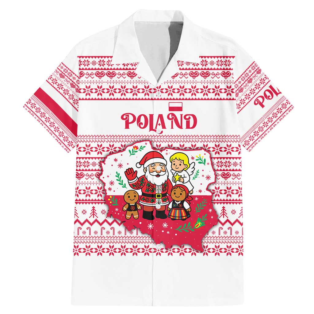 Poland Christmas Family Matching Mermaid Dress and Hawaiian Shirt with Santa Children Gingerbread Map Outline and Red Snowflake Knit Pattern Design - Wonder Print Shop