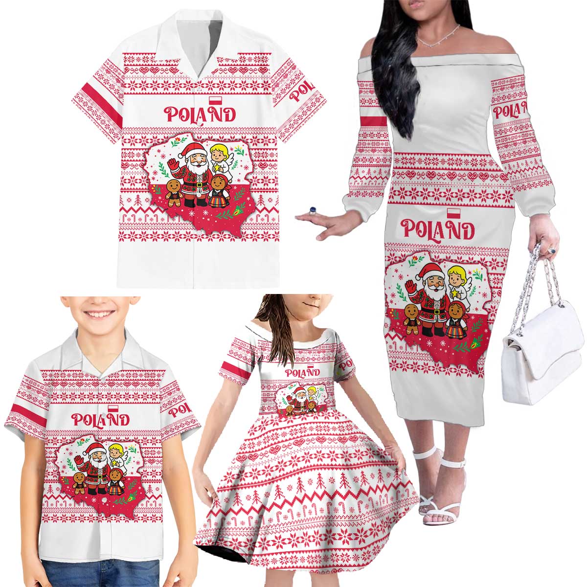 Poland Christmas Family Matching Off The Shoulder Long Sleeve Dress and Hawaiian Shirt with Santa Children Gingerbread Map Outline and Red Snowflake Knit Pattern Design - Wonder Print Shop