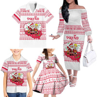 Poland Christmas Family Matching Off The Shoulder Long Sleeve Dress and Hawaiian Shirt with Santa Children Gingerbread Map Outline and Red Snowflake Knit Pattern Design - Wonder Print Shop