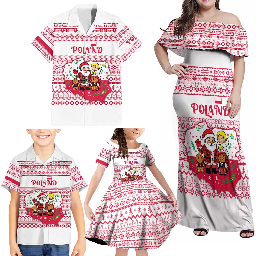 Poland Christmas Family Matching Off Shoulder Maxi Dress and Hawaiian Shirt with Santa Children Gingerbread Map Outline and Red Snowflake Knit Pattern Design - Wonder Print Shop