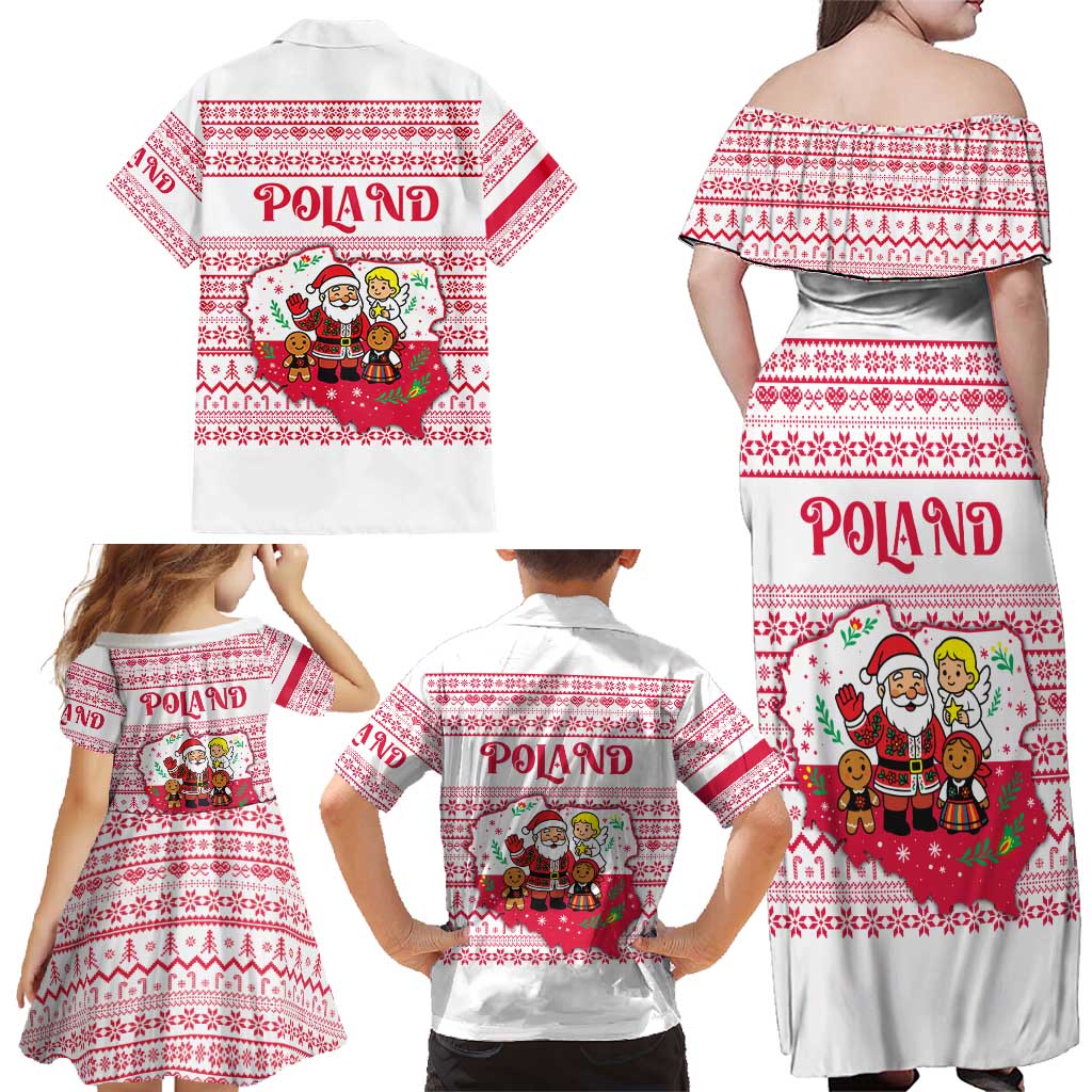 Poland Christmas Family Matching Off Shoulder Maxi Dress and Hawaiian Shirt with Santa Children Gingerbread Map Outline and Red Snowflake Knit Pattern Design - Wonder Print Shop