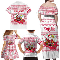Poland Christmas Family Matching Off Shoulder Maxi Dress and Hawaiian Shirt with Santa Children Gingerbread Map Outline and Red Snowflake Knit Pattern Design - Wonder Print Shop