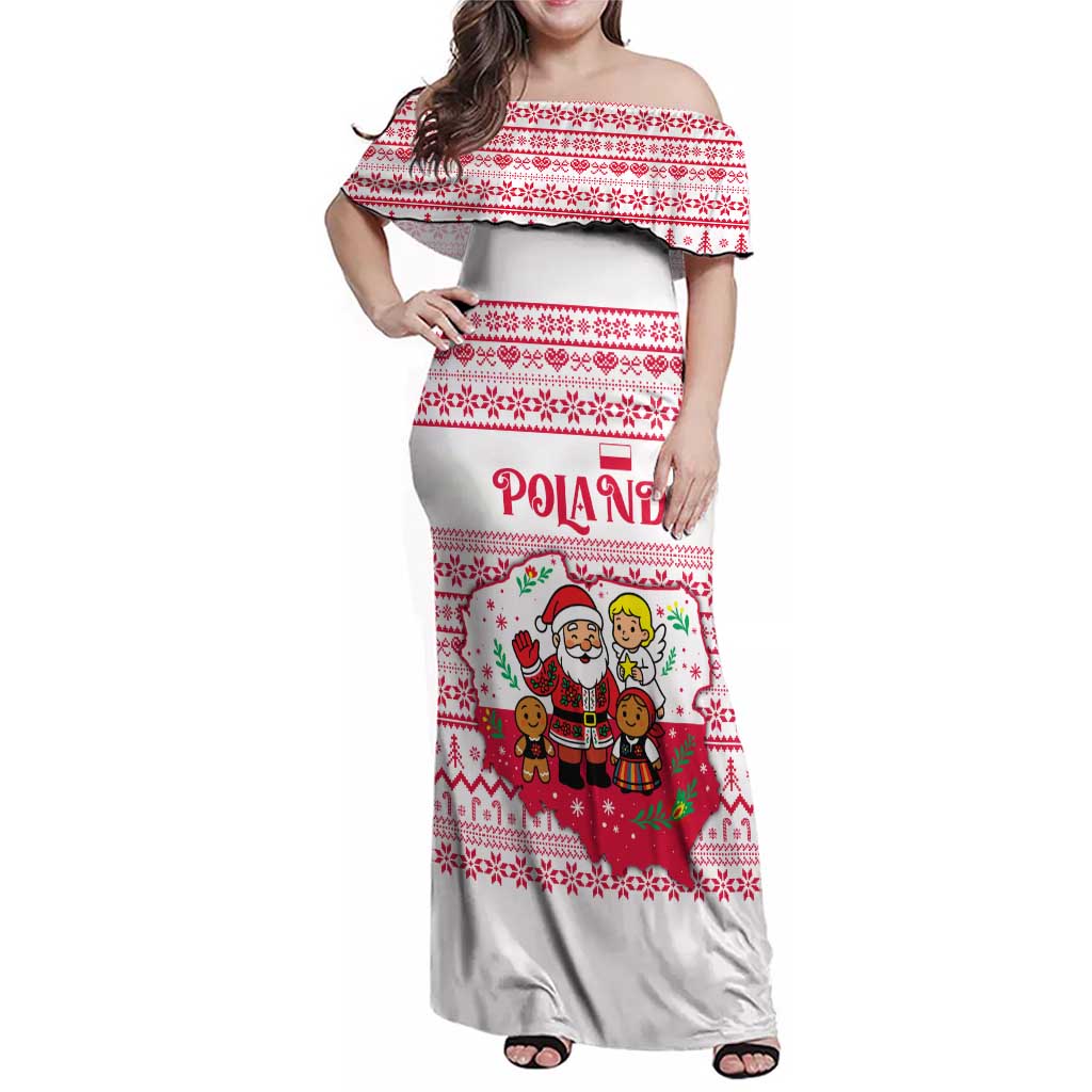 Poland Christmas Family Matching Off Shoulder Maxi Dress and Hawaiian Shirt with Santa Children Gingerbread Map Outline and Red Snowflake Knit Pattern Design - Wonder Print Shop