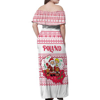Poland Christmas Family Matching Off Shoulder Maxi Dress and Hawaiian Shirt with Santa Children Gingerbread Map Outline and Red Snowflake Knit Pattern Design - Wonder Print Shop