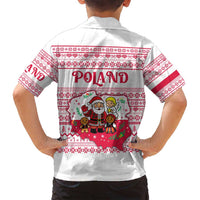 Poland Christmas Family Matching Off Shoulder Short Dress and Hawaiian Shirt with Santa Children Gingerbread Map Outline and Red Snowflake Knit Pattern Design - Wonder Print Shop