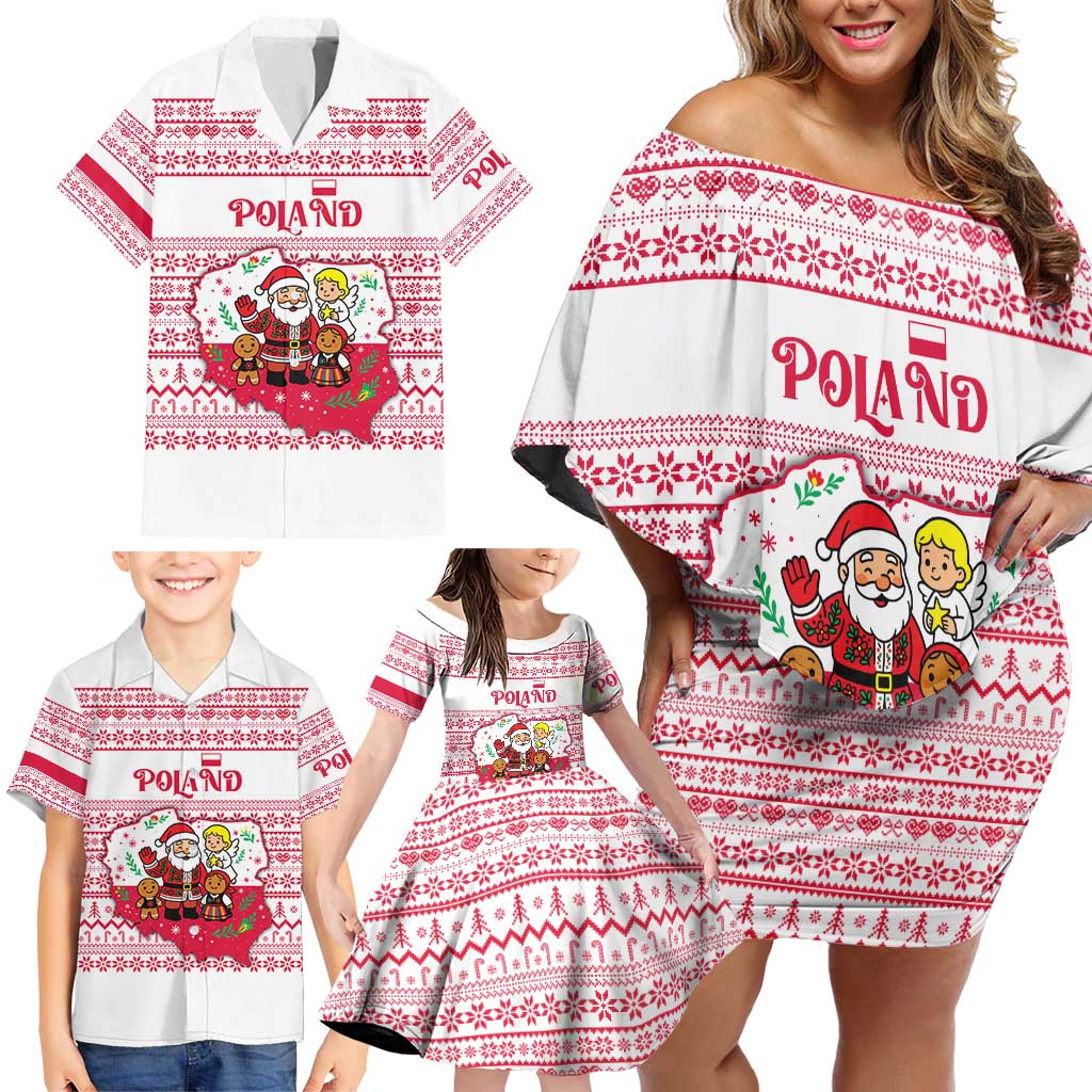 Poland Christmas Family Matching Off Shoulder Short Dress and Hawaiian Shirt with Santa Children Gingerbread Map Outline and Red Snowflake Knit Pattern Design - Wonder Print Shop