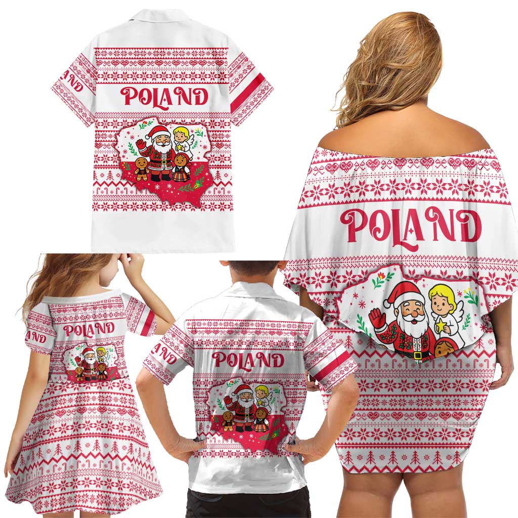 Poland Christmas Family Matching Off Shoulder Short Dress and Hawaiian Shirt with Santa Children Gingerbread Map Outline and Red Snowflake Knit Pattern Design - Wonder Print Shop