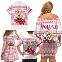 Poland Christmas Family Matching Off Shoulder Short Dress and Hawaiian Shirt with Santa Children Gingerbread Map Outline and Red Snowflake Knit Pattern Design - Wonder Print Shop