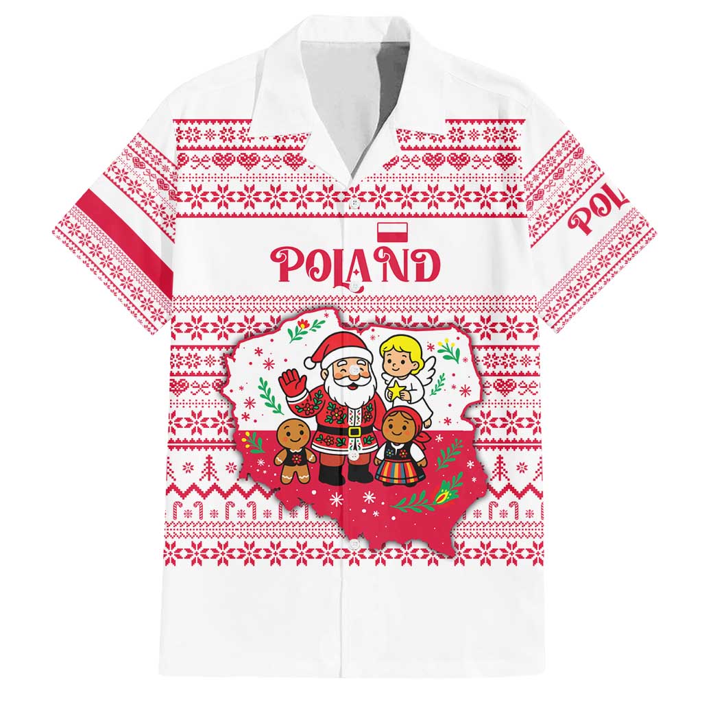 Poland Christmas Family Matching Off Shoulder Short Dress and Hawaiian Shirt with Santa Children Gingerbread Map Outline and Red Snowflake Knit Pattern Design - Wonder Print Shop