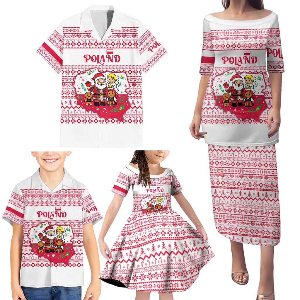 Poland Christmas Family Matching Puletasi and Hawaiian Shirt with Santa Children Gingerbread Map Outline and Red Snowflake Knit Pattern Design - Wonder Print Shop