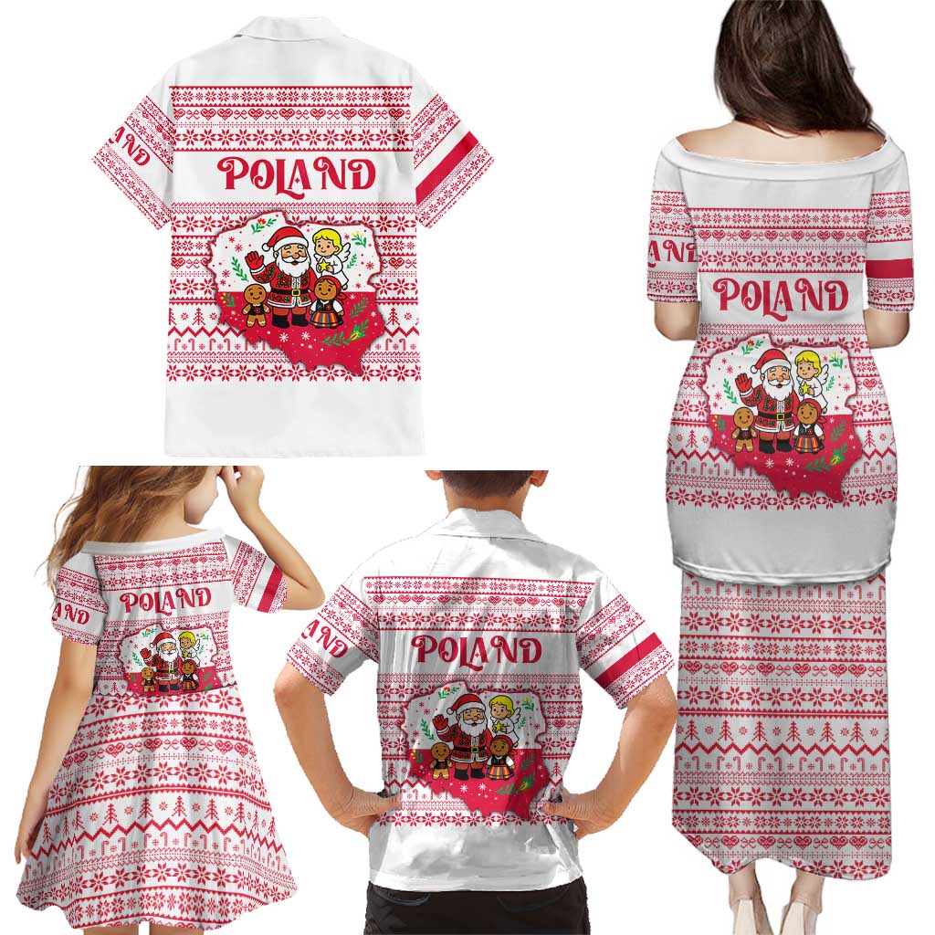 Poland Christmas Family Matching Puletasi and Hawaiian Shirt with Santa Children Gingerbread Map Outline and Red Snowflake Knit Pattern Design - Wonder Print Shop