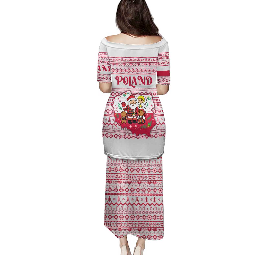Poland Christmas Family Matching Puletasi and Hawaiian Shirt with Santa Children Gingerbread Map Outline and Red Snowflake Knit Pattern Design - Wonder Print Shop