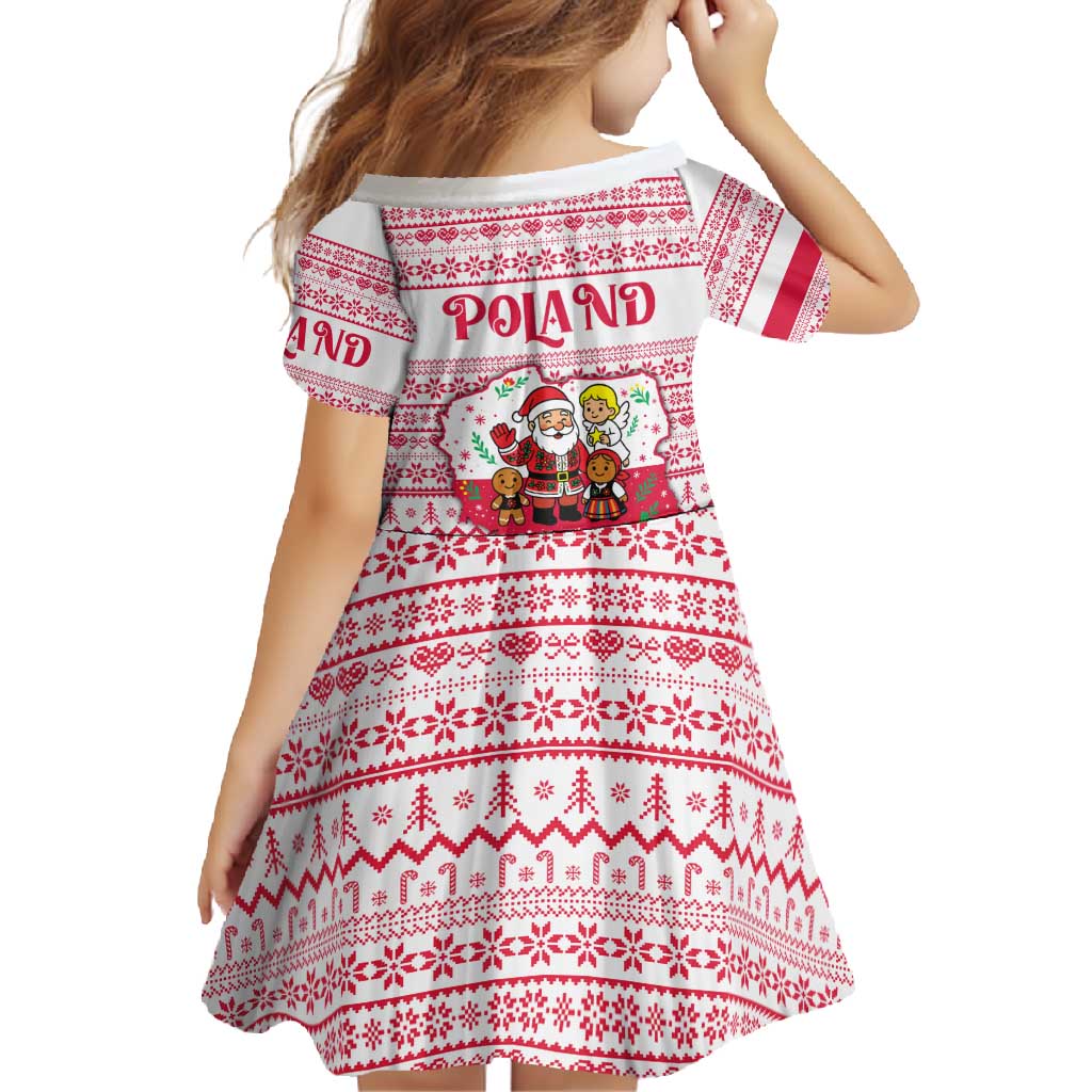 Poland Christmas Family Matching Short Sleeve Bodycon Dress and Hawaiian Shirt with Santa Children Gingerbread Map Outline and Red Snowflake Knit Pattern Design - Wonder Print Shop