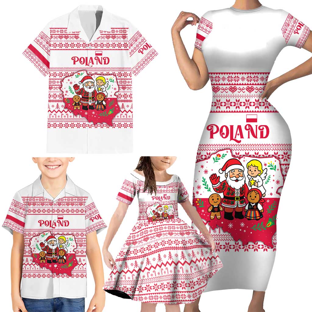 Poland Christmas Family Matching Short Sleeve Bodycon Dress and Hawaiian Shirt with Santa Children Gingerbread Map Outline and Red Snowflake Knit Pattern Design - Wonder Print Shop