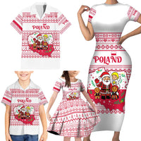 Poland Christmas Family Matching Short Sleeve Bodycon Dress and Hawaiian Shirt with Santa Children Gingerbread Map Outline and Red Snowflake Knit Pattern Design - Wonder Print Shop