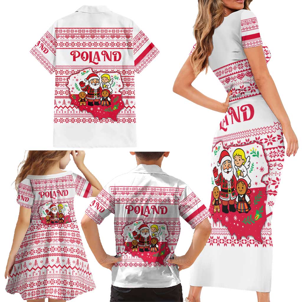 Poland Christmas Family Matching Short Sleeve Bodycon Dress and Hawaiian Shirt with Santa Children Gingerbread Map Outline and Red Snowflake Knit Pattern Design - Wonder Print Shop