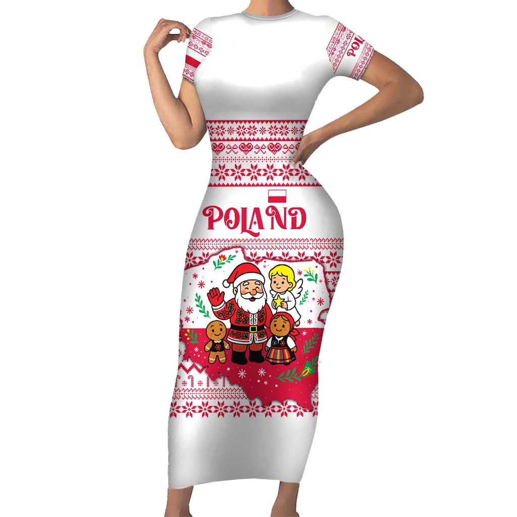 Poland Christmas Family Matching Short Sleeve Bodycon Dress and Hawaiian Shirt with Santa Children Gingerbread Map Outline and Red Snowflake Knit Pattern Design - Wonder Print Shop