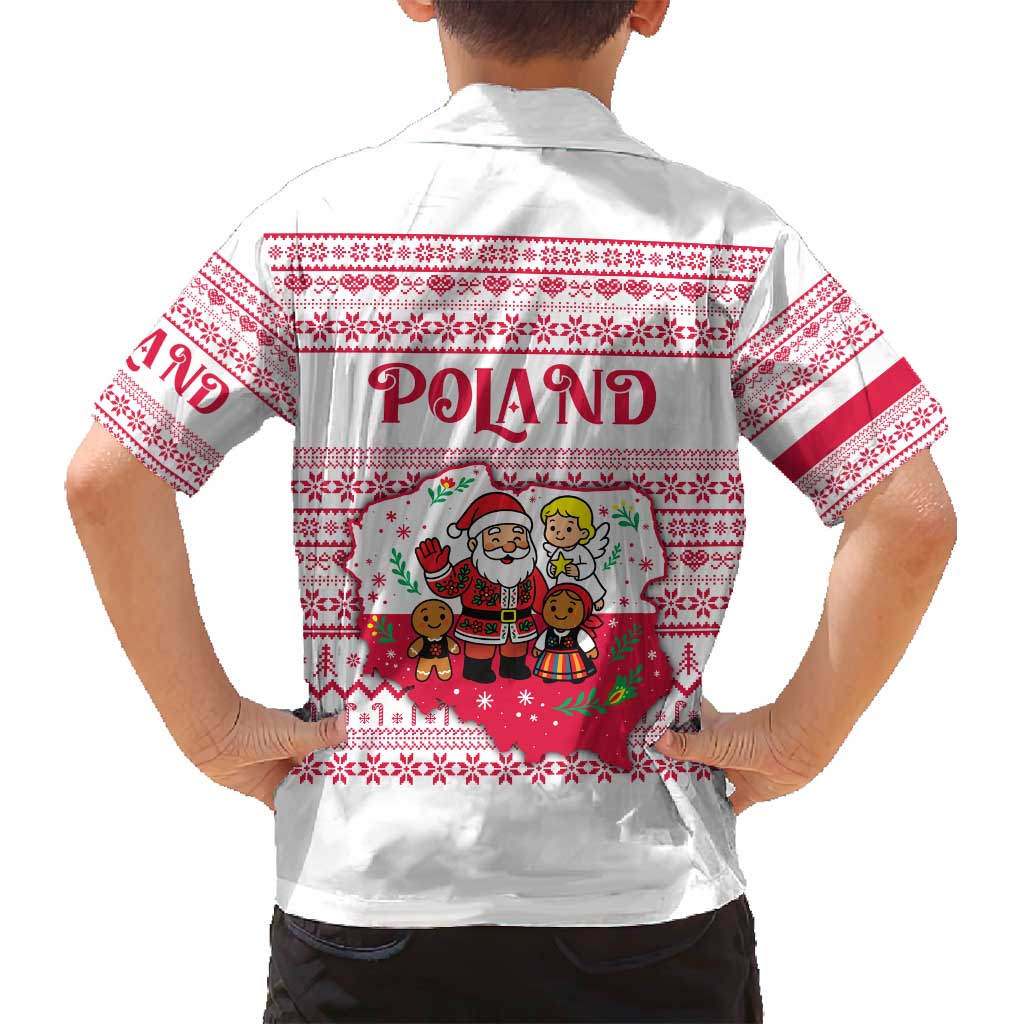 Poland Christmas Family Matching Summer Maxi Dress and Hawaiian Shirt with Santa Children Gingerbread Map Outline and Red Snowflake Knit Pattern Design - Wonder Print Shop