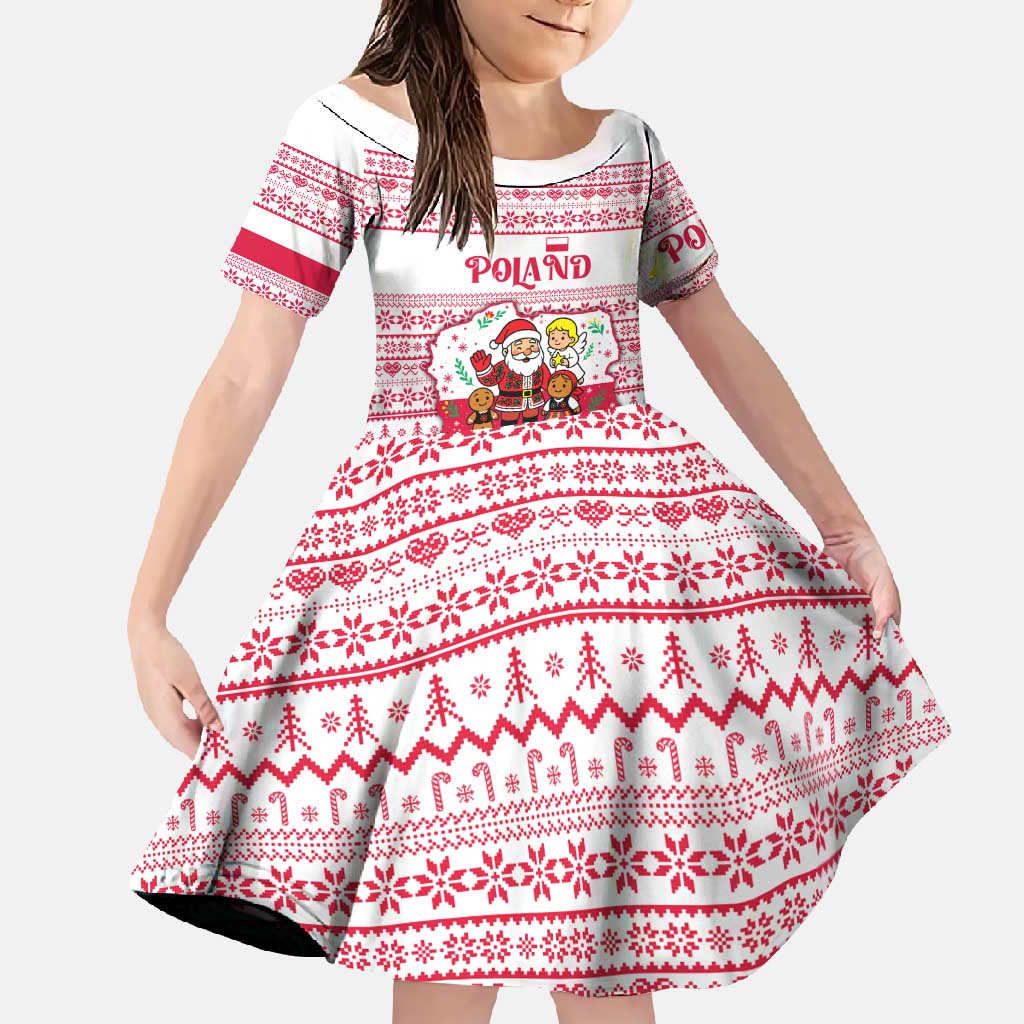 Poland Christmas Family Matching Summer Maxi Dress and Hawaiian Shirt with Santa Children Gingerbread Map Outline and Red Snowflake Knit Pattern Design - Wonder Print Shop