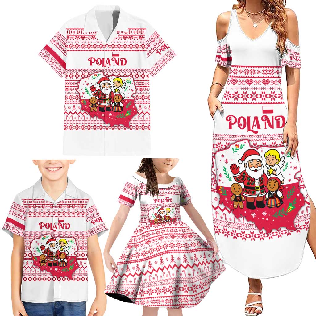 Poland Christmas Family Matching Summer Maxi Dress and Hawaiian Shirt with Santa Children Gingerbread Map Outline and Red Snowflake Knit Pattern Design - Wonder Print Shop