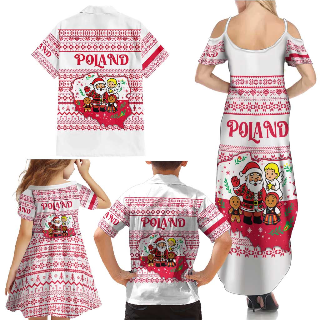 Poland Christmas Family Matching Summer Maxi Dress and Hawaiian Shirt with Santa Children Gingerbread Map Outline and Red Snowflake Knit Pattern Design - Wonder Print Shop