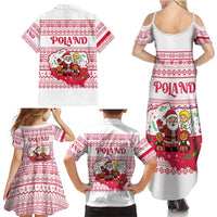 Poland Christmas Family Matching Summer Maxi Dress and Hawaiian Shirt with Santa Children Gingerbread Map Outline and Red Snowflake Knit Pattern Design - Wonder Print Shop