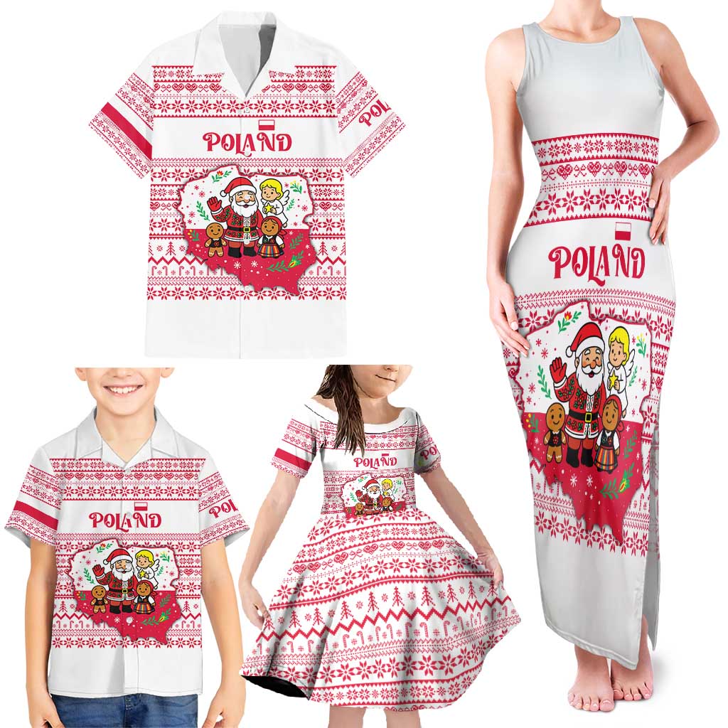 Poland Christmas Family Matching Tank Maxi Dress and Hawaiian Shirt with Santa Children Gingerbread Map Outline and Red Snowflake Knit Pattern Design - Wonder Print Shop