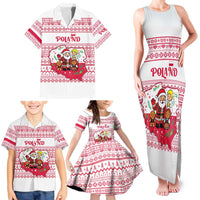 Poland Christmas Family Matching Tank Maxi Dress and Hawaiian Shirt with Santa Children Gingerbread Map Outline and Red Snowflake Knit Pattern Design - Wonder Print Shop