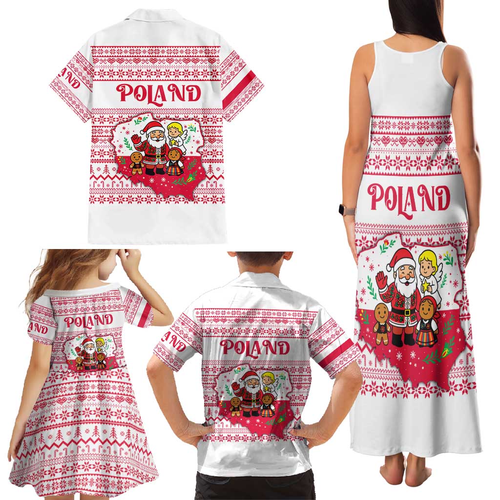 Poland Christmas Family Matching Tank Maxi Dress and Hawaiian Shirt with Santa Children Gingerbread Map Outline and Red Snowflake Knit Pattern Design - Wonder Print Shop