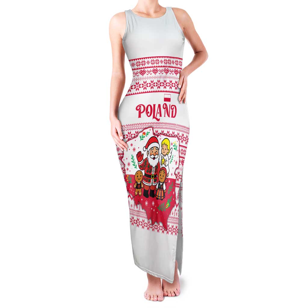 Poland Christmas Family Matching Tank Maxi Dress and Hawaiian Shirt with Santa Children Gingerbread Map Outline and Red Snowflake Knit Pattern Design - Wonder Print Shop