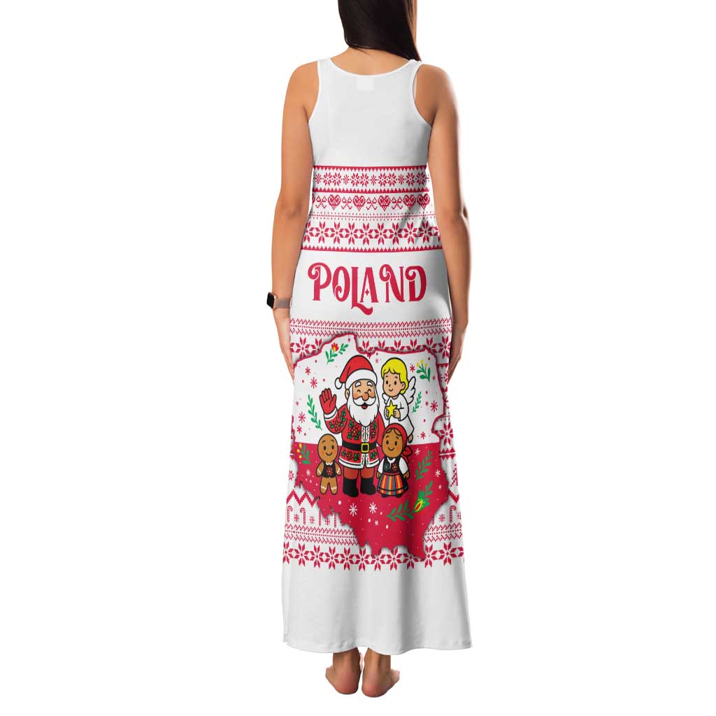 Poland Christmas Family Matching Tank Maxi Dress and Hawaiian Shirt with Santa Children Gingerbread Map Outline and Red Snowflake Knit Pattern Design - Wonder Print Shop