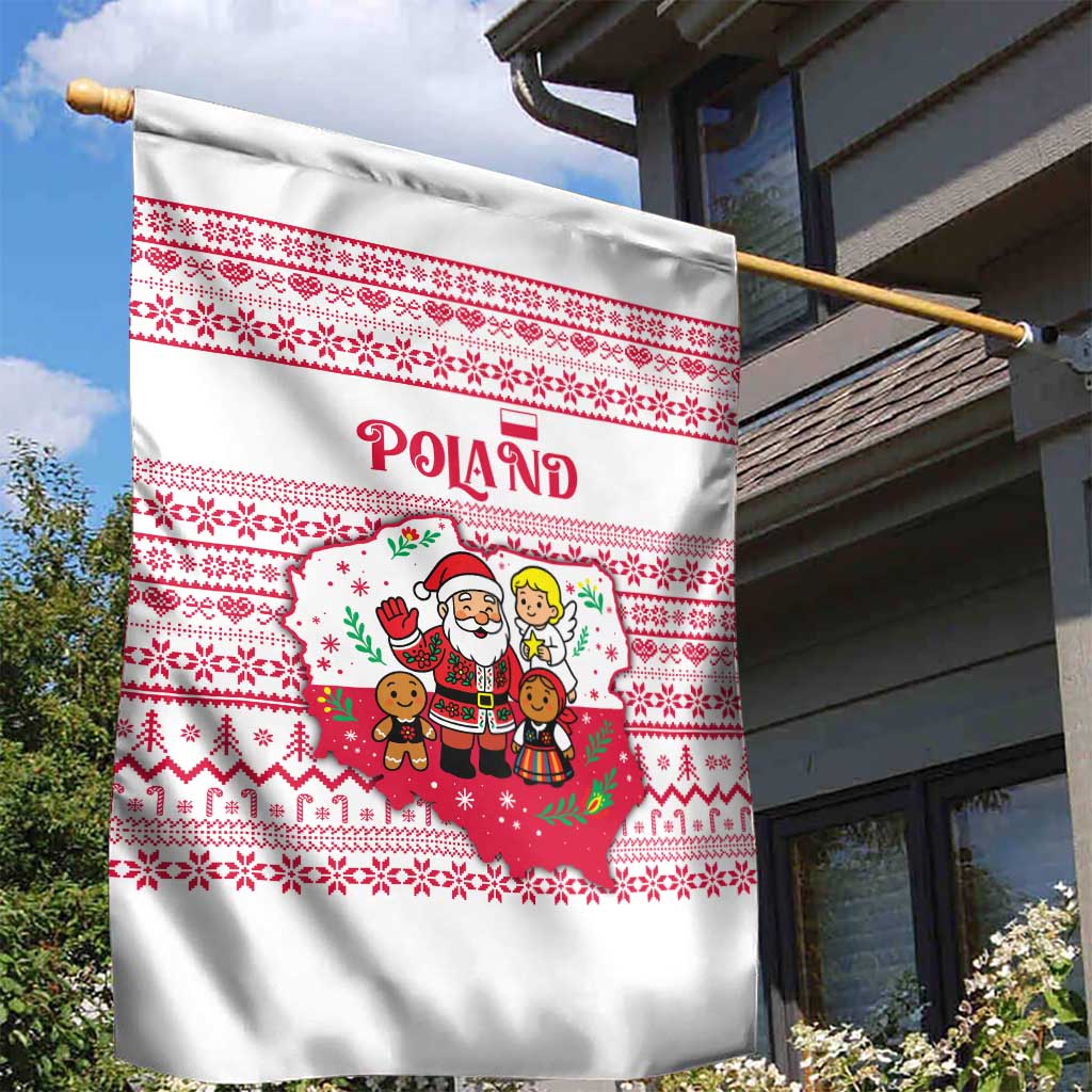 Poland Christmas Garden Flag with Santa Children Gingerbread Map Outline and Red Snowflake Knit Pattern Design - Wonder Print Shop
