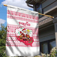 Poland Christmas Garden Flag with Santa Children Gingerbread Map Outline and Red Snowflake Knit Pattern Design - Wonder Print Shop