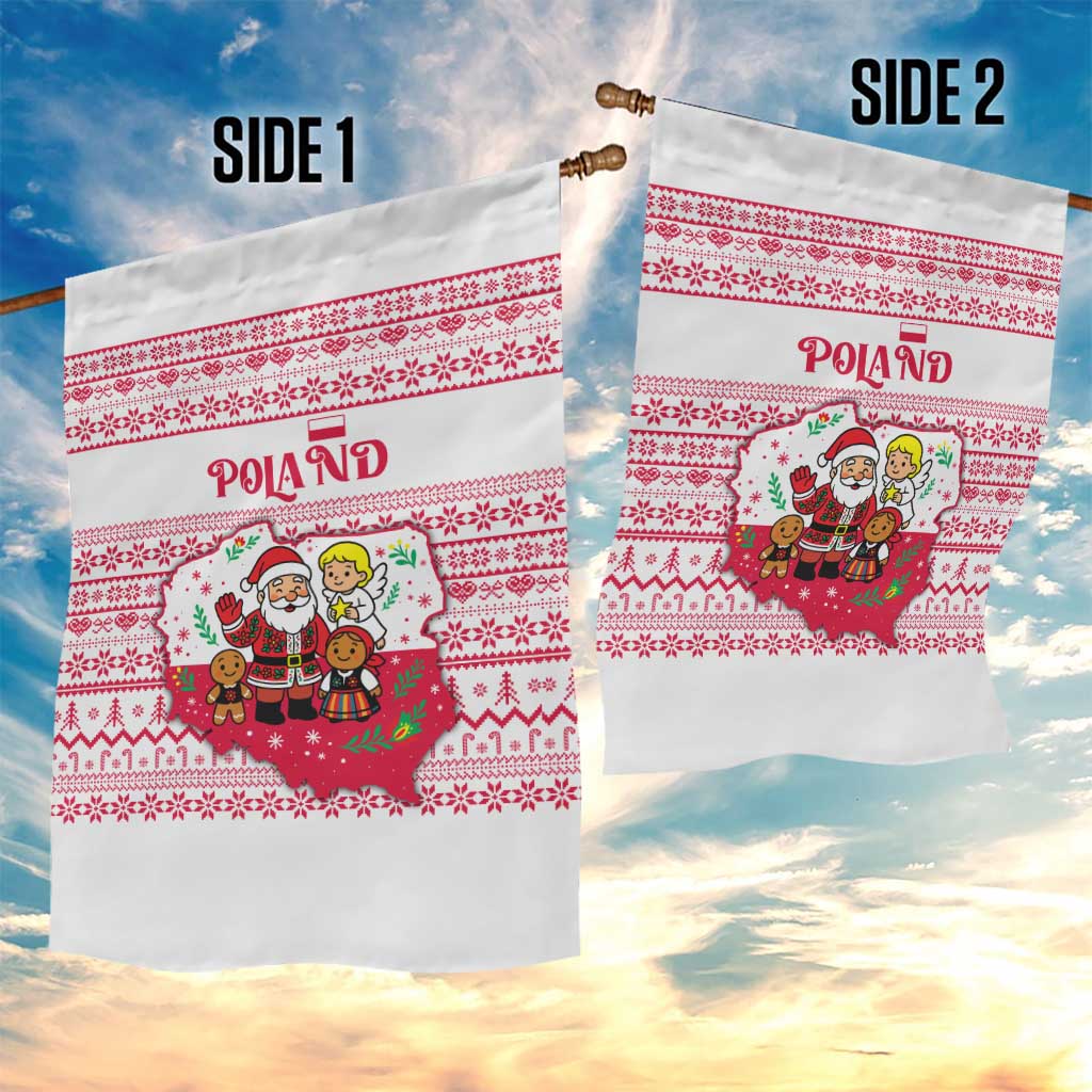 Poland Christmas Garden Flag with Santa Children Gingerbread Map Outline and Red Snowflake Knit Pattern Design - Wonder Print Shop