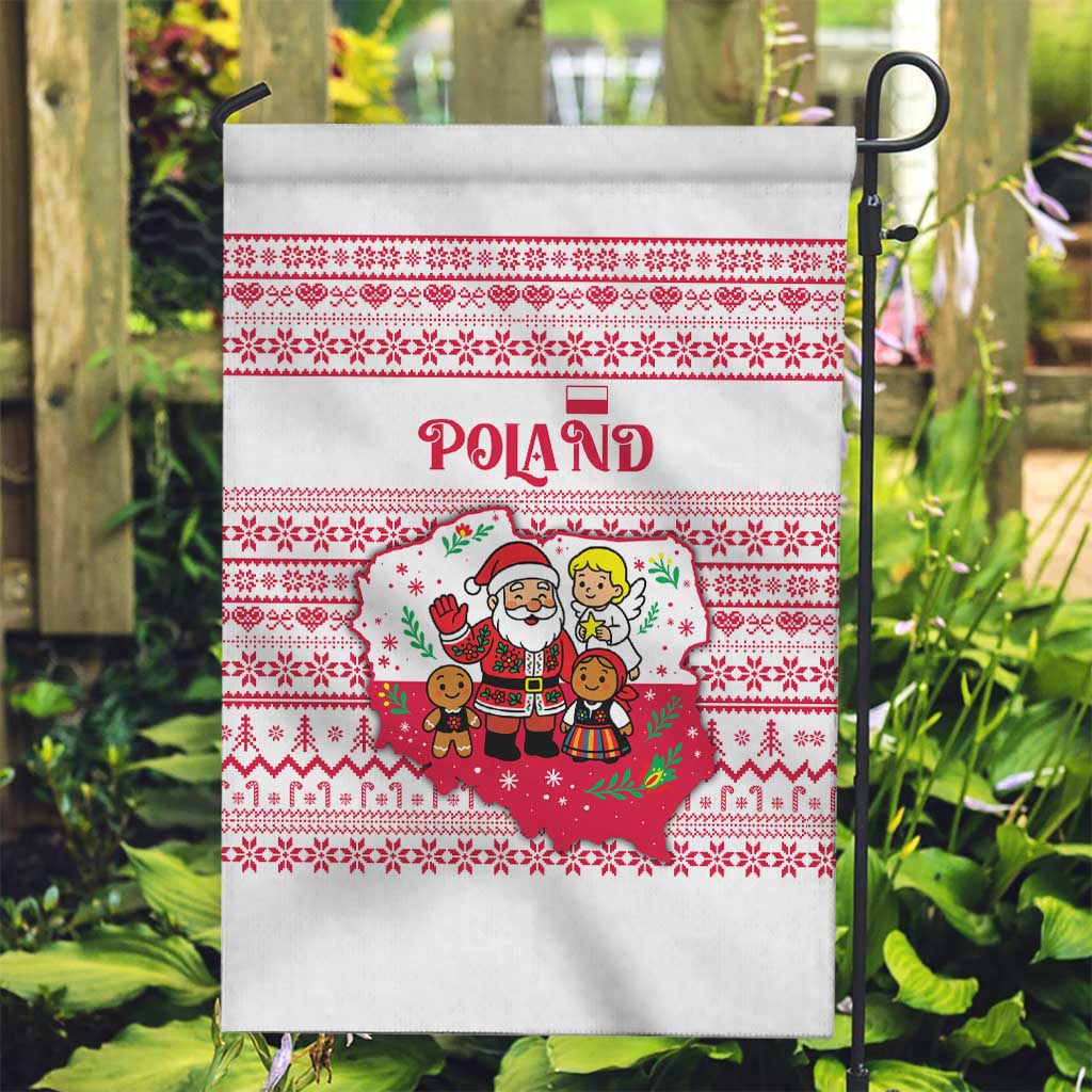 Poland Christmas Garden Flag with Santa Children Gingerbread Map Outline and Red Snowflake Knit Pattern Design - Wonder Print Shop