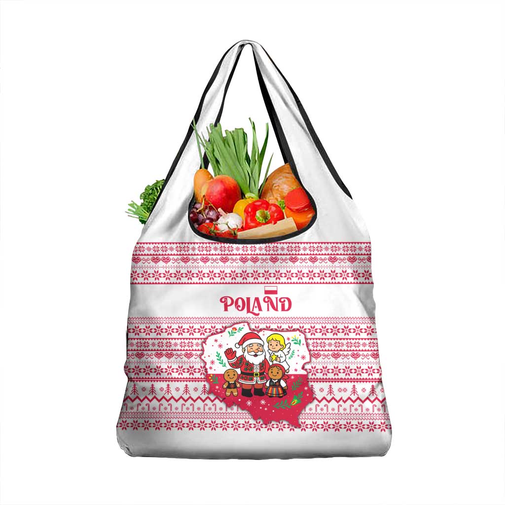 Poland Christmas Grocery Bag with Santa Children Gingerbread Map Outline and Red Snowflake Knit Pattern Design - Wonder Print Shop