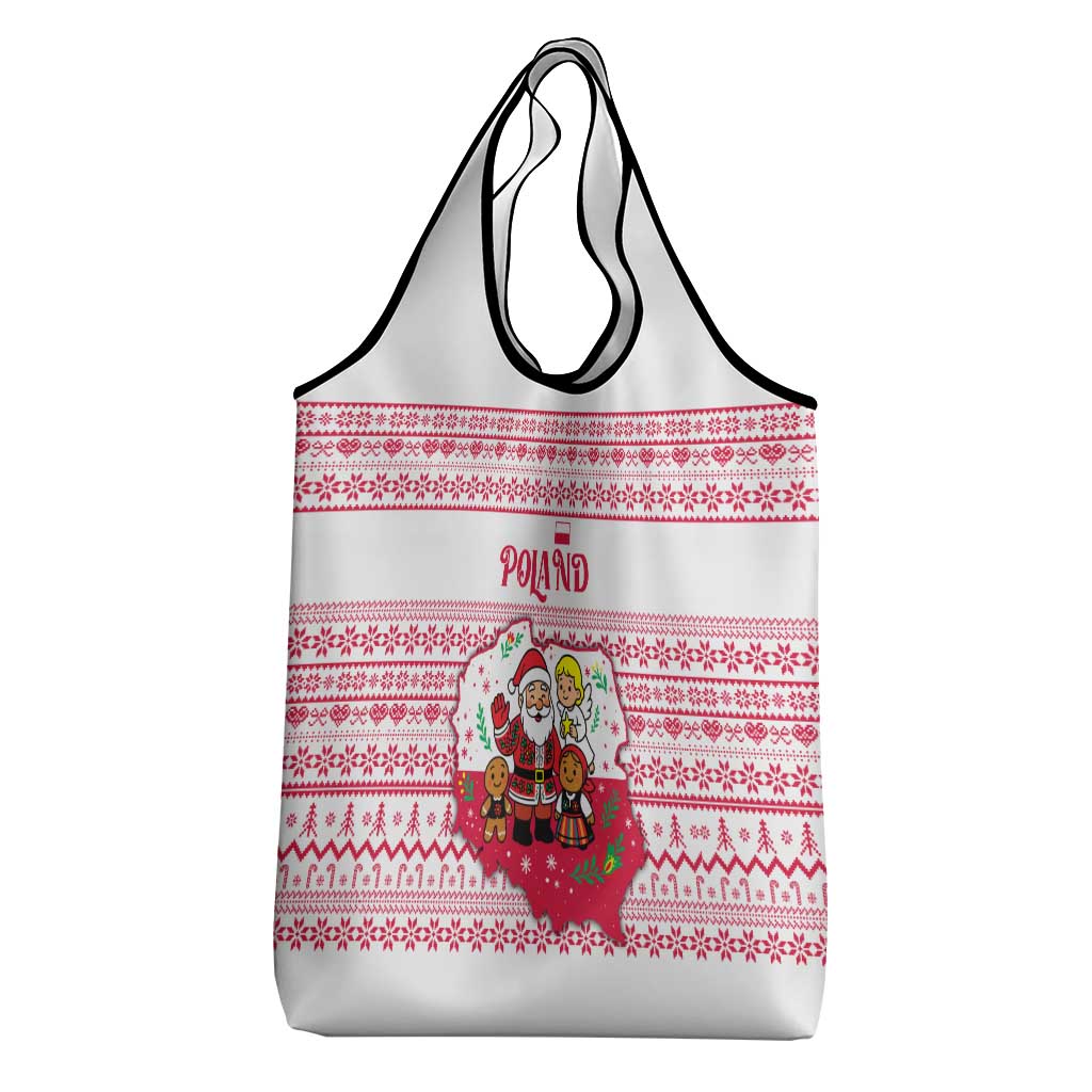 Poland Christmas Grocery Bag with Santa Children Gingerbread Map Outline and Red Snowflake Knit Pattern Design - Wonder Print Shop