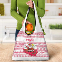 Poland Christmas Grocery Bag with Santa Children Gingerbread Map Outline and Red Snowflake Knit Pattern Design - Wonder Print Shop