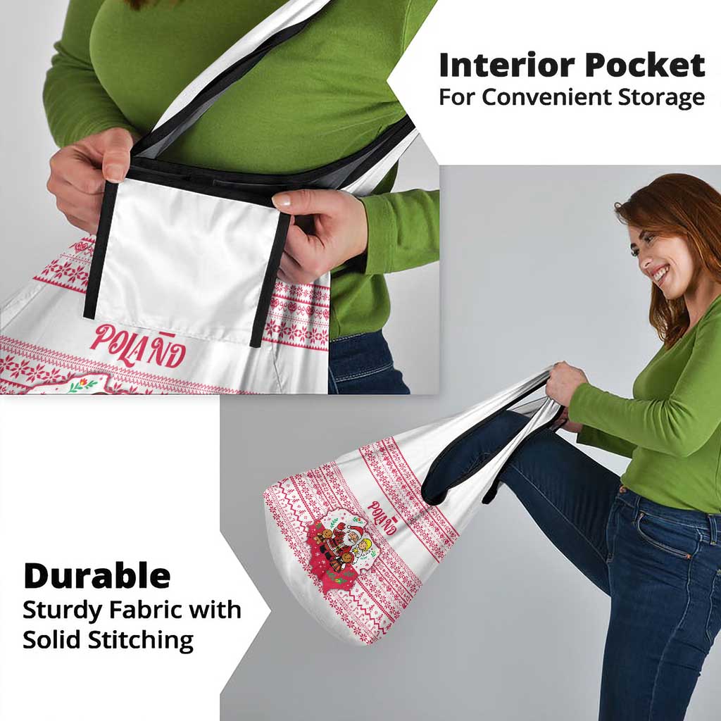 Poland Christmas Grocery Bag with Santa Children Gingerbread Map Outline and Red Snowflake Knit Pattern Design - Wonder Print Shop