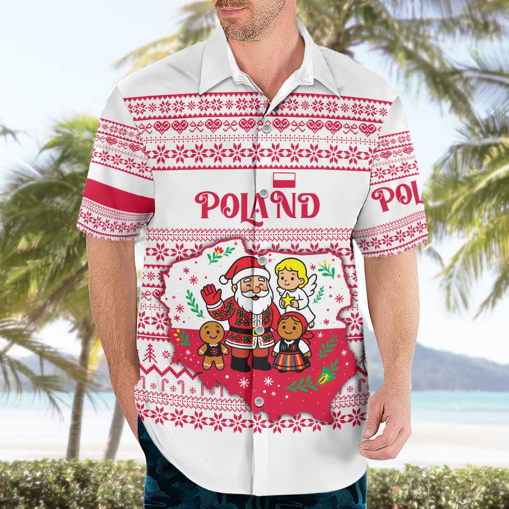Poland Christmas Hawaiian Shirt with Santa Children Gingerbread Map Outline and Red Snowflake Knit Pattern Design - Wonder Print Shop