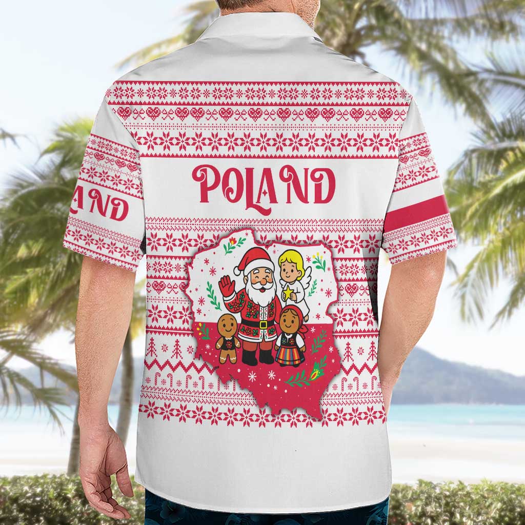 Poland Christmas Hawaiian Shirt with Santa Children Gingerbread Map Outline and Red Snowflake Knit Pattern Design - Wonder Print Shop