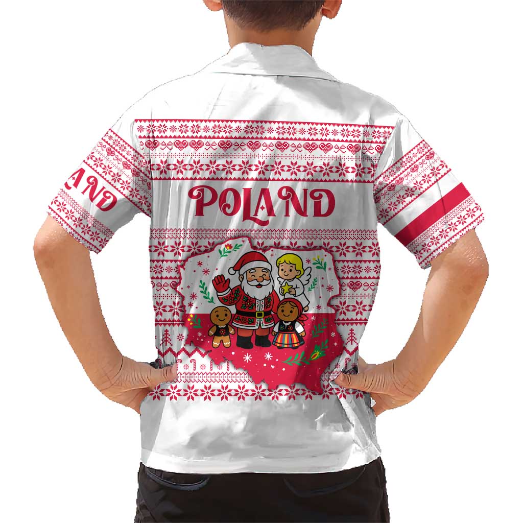 Poland Christmas Hawaiian Shirt with Santa Children Gingerbread Map Outline and Red Snowflake Knit Pattern Design - Wonder Print Shop